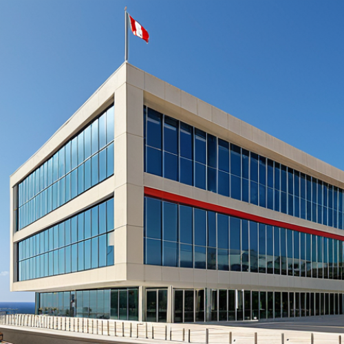 Home 6 A modern office building in Malta, with the Maltese flag waving in the background. The sky is clear and sunny. The building has a sleek, glass facade, representing the modern business environment. Include a subtle hint of the Mediterranean Sea in the background.