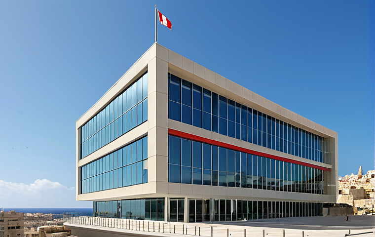 A modern office building in Malta, with the Maltese flag waving in the background. The sky is clear and sunny. The building has a sleek, glass facade, representing the modern business environment. Include a subtle hint of the Mediterranean Sea in the background.