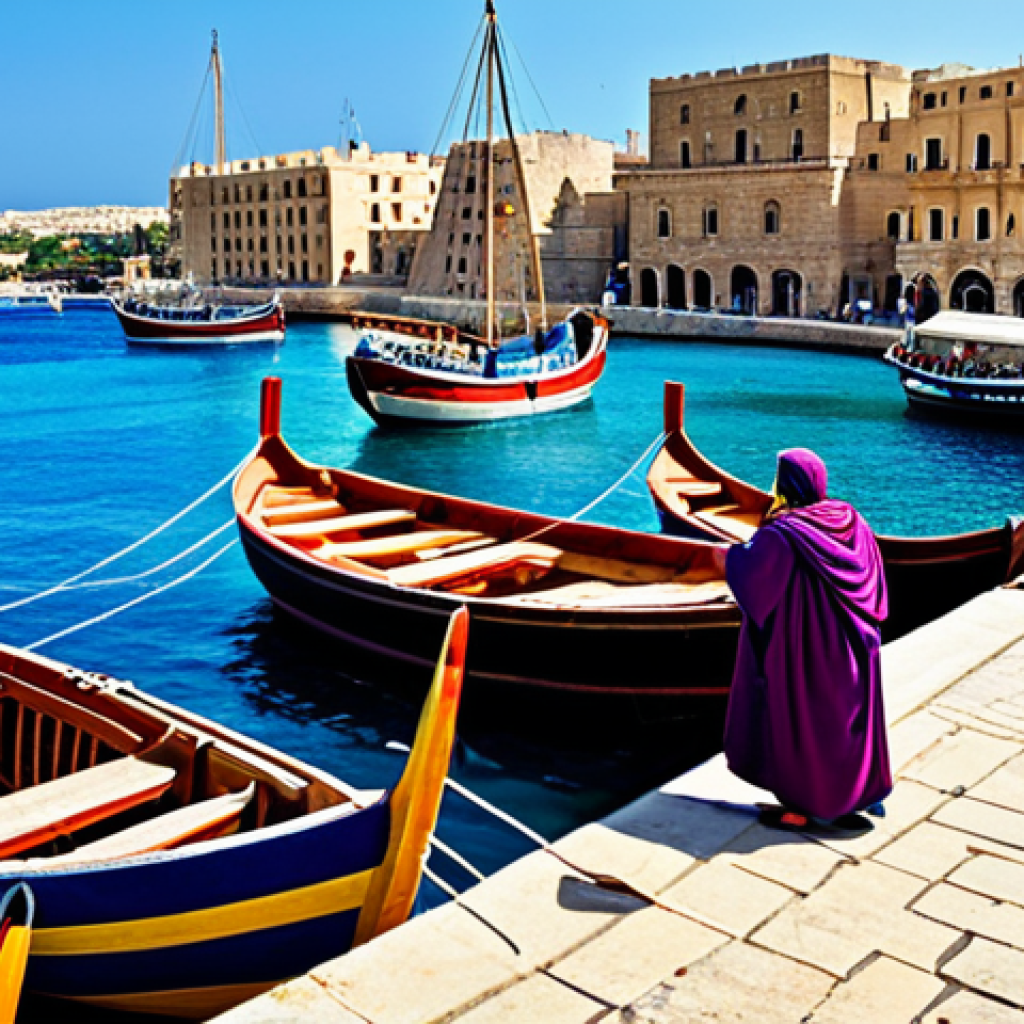 A vibrant scene depicting ancient Phoenician traders and sailors in a bustling harbor in Malta. Subjects are engaged in loading diverse goods like purple dye, spices, and timber onto traditional Phoenician ships, with detailed rigging and sails. The background features ancient stone architecture of the port city under a clear Mediterranean sky. The atmosphere is energetic and commercial.
    *   *Safety & Quality:* Fully clothed, appropriate attire, professional dress, safe for work, appropriate content, family-friendly, perfect anatomy, correct proportions, natural pose, well-formed hands, proper finger count, natural body proportions, professional photography, high quality, sharp focus, vivid colors.