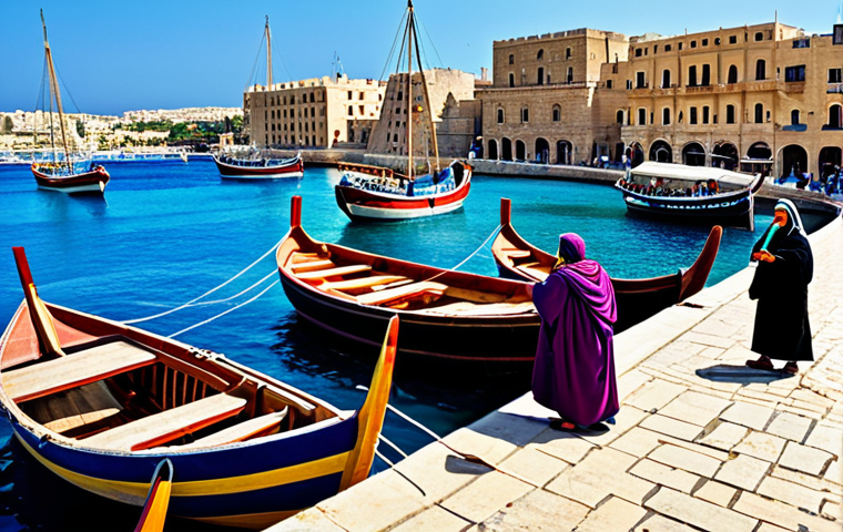 A vibrant scene depicting ancient Phoenician traders and sailors in a bustling harbor in Malta. Subjects are engaged in loading diverse goods like purple dye, spices, and timber onto traditional Phoenician ships, with detailed rigging and sails. The background features ancient stone architecture of the port city under a clear Mediterranean sky. The atmosphere is energetic and commercial.
* *Safety & Quality:* Fully clothed, appropriate attire, professional dress, safe for work, appropriate content, family-friendly, perfect anatomy, correct proportions, natural pose, well-formed hands, proper finger count, natural body proportions, professional photography, high quality, sharp focus, vivid colors.