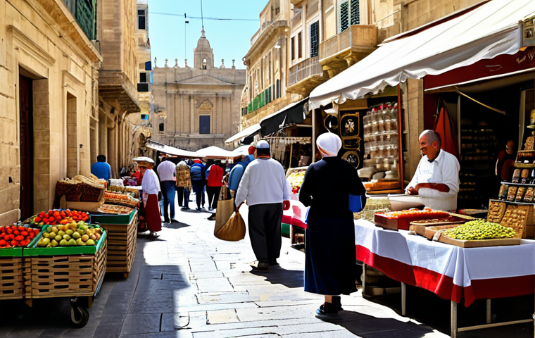 Valletta Street Scene**
"A bustling marketplace scene in Valletta, Malta, daytime, featuring vendors in traditional, modest Maltese clothing selling local crafts and foods, fully clothed, appropriate attire, safe for work, family-friendly, natural light, perfect anatomy, correct proportions, well-formed hands, high resolution, professional photography."
**