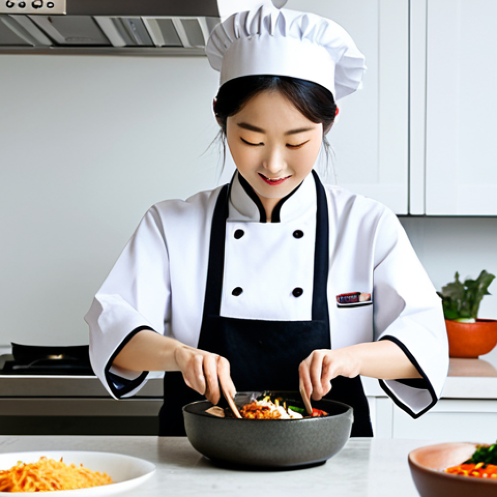 몰타에서 한국 음식점 찾기 - **

"A professional female chef in a clean, modern kitchen preparing traditional Korean bibimbap, fu...