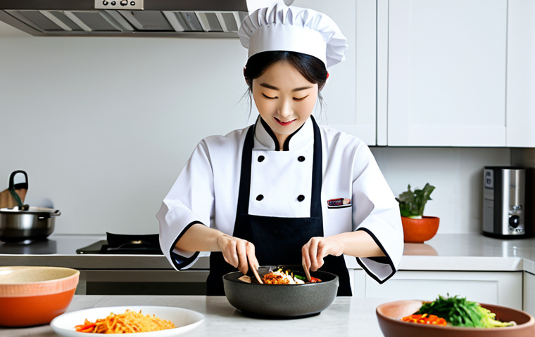 몰타에서 한국 음식점 찾기 - **
"A professional female chef in a clean, modern kitchen preparing traditional Korean bibimbap, fu...