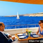 몰타 요트 투어 가이드 - **Luxurious Yacht Lifestyle in Malta:**
    "A wide-angle, sun-drenched shot of a sleek, modern moto...