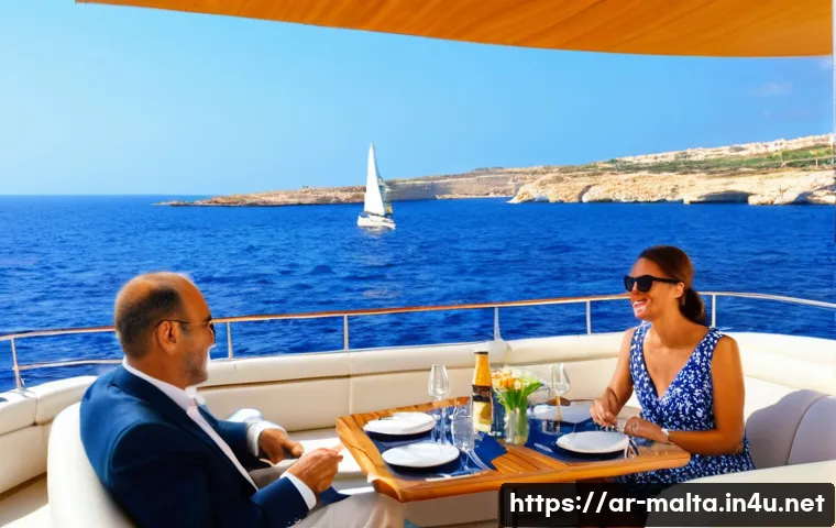 몰타 요트 투어 가이드 - **Luxurious Yacht Lifestyle in Malta:**
"A wide-angle, sun-drenched shot of a sleek, modern moto...
