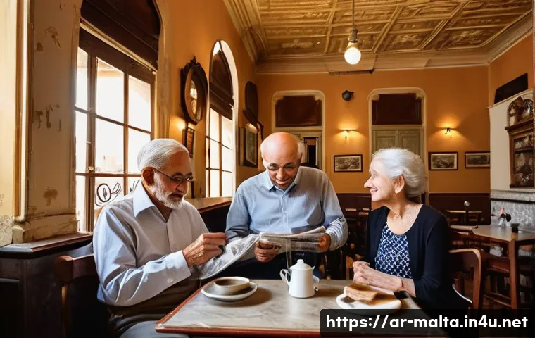 몰타 카페 문화 - **Prompt 1: "A nostalgic and warm interior of a historic Maltese cafe in Valletta. The scene feature...