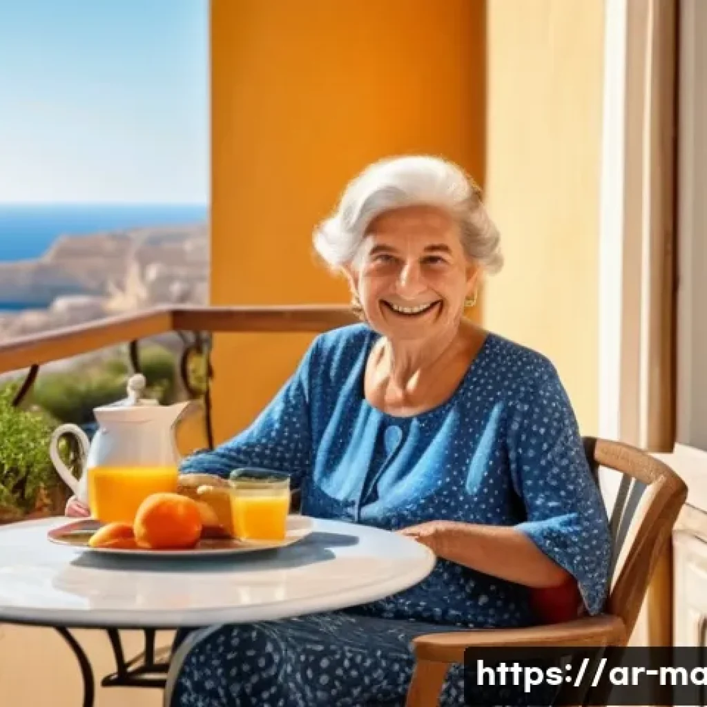 몰타에서의 은퇴 생활 - **Prompt:** A serene and vibrant scene depicting a cheerful elderly woman enjoying a leisurely outdo...