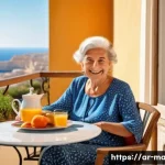 몰타에서의 은퇴 생활 - **Prompt:** A serene and vibrant scene depicting a cheerful elderly woman enjoying a leisurely outdo...
